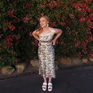 Green, floral silk dress! Cutouts in the side, super cute and SO comfortable!